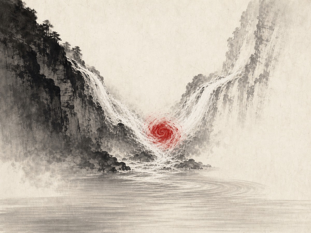 道德经第42章「冲气为和」水墨意象(AI 生成插图):阴阳两崖夹谷相向而立——左崖密线为阴、右崖留白为阳,各泻一瀑于谷心迎面对撞,两强相激处涌成全图唯一的一点朱砂旋涡,激势顺流下泻后水面层层漾开、渐宽渐静归于平阔。