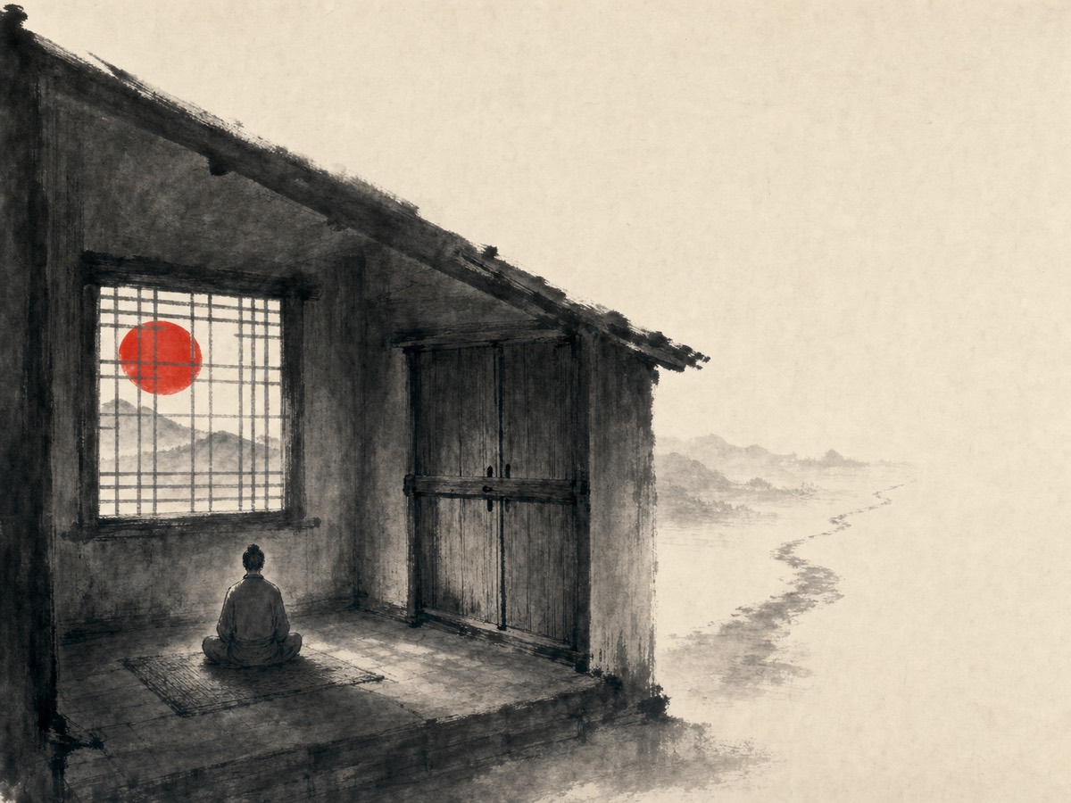 道德经第47章「不出户知天下」水墨意象(AI 生成插图):画面左半是一间闭户之屋——门扇紧阖、门闩横锁,静坐者如钟端坐席上,右侧牖上悬着全画唯一的朱砂日轮、两道天光落入室内;右半一条小路自门前向远处愈走愈细、终散没于空白:一近一远两相对照,正合『不出户而知天下、其出弥远而其知弥少』。