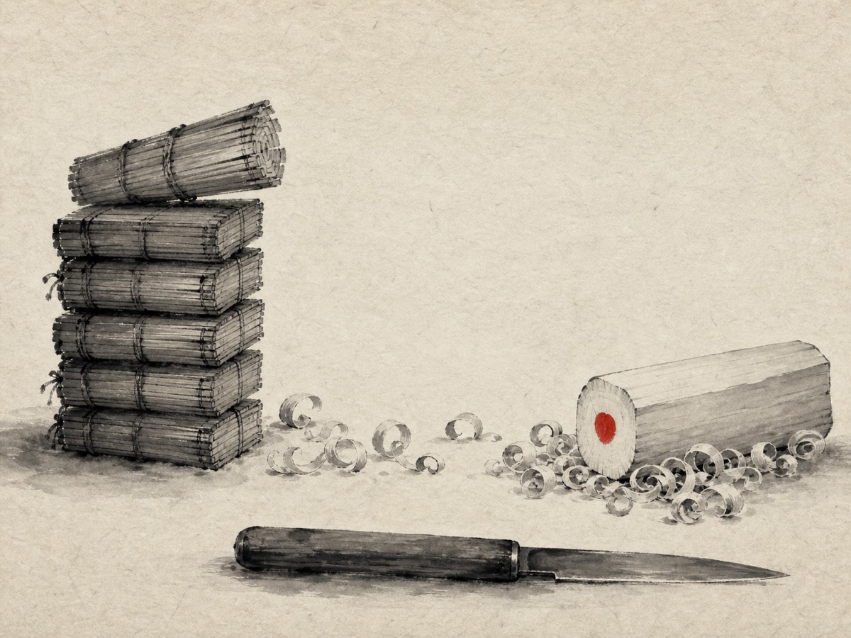 道德经第48章「为道日损」水墨意象(AI 生成插图):画面自左向右顺经文一气读下:左侧简册越叠越高、顶册欲倾,是『为学日益』的加法;中间满地打卷的刨花连向右侧削净的素木、端面收于一点朱心,是『损之又损,以至于无为』的减法;最前一柄搁下的削刀收束全局——手已停而器已成,即『无为而无不为』。