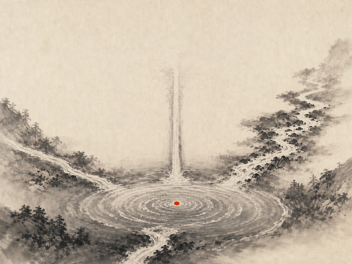 道德经第49章「以百姓心为心」水墨意象(AI 生成插图):四方众溪——清直者与携石曲折者——无别地奔注画面最低处一泓敞口深潭,入潭即化作层层同心波、清浊浑然,波心独点一粒朱砂,正合「圣人无常心,以百姓心为心」的居下、收摄与浑一。