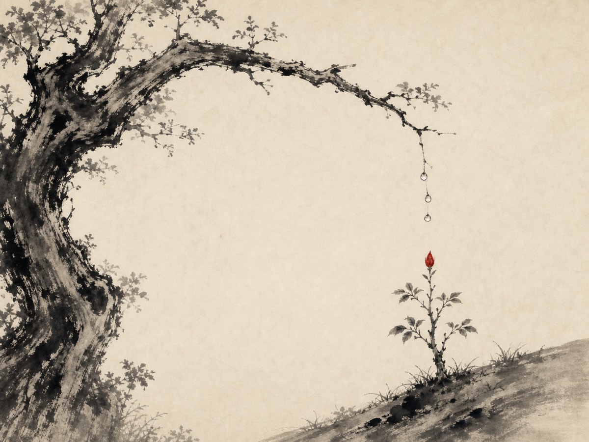 道德经第51章「尊道贵德」水墨意象(AI 生成插图):左侧老树探出一道横柯东覆,如盖如伞荫庇右下幼树,枝梢垂三点露却止于半空、终不触及新芽;幼树自坡土独立而起,梢头绽出全图唯一的一点朱砂——老者覆之、畜之而不攥握,幼者受荫承露而自长,正合「生而不有,长而不宰」的玄德。