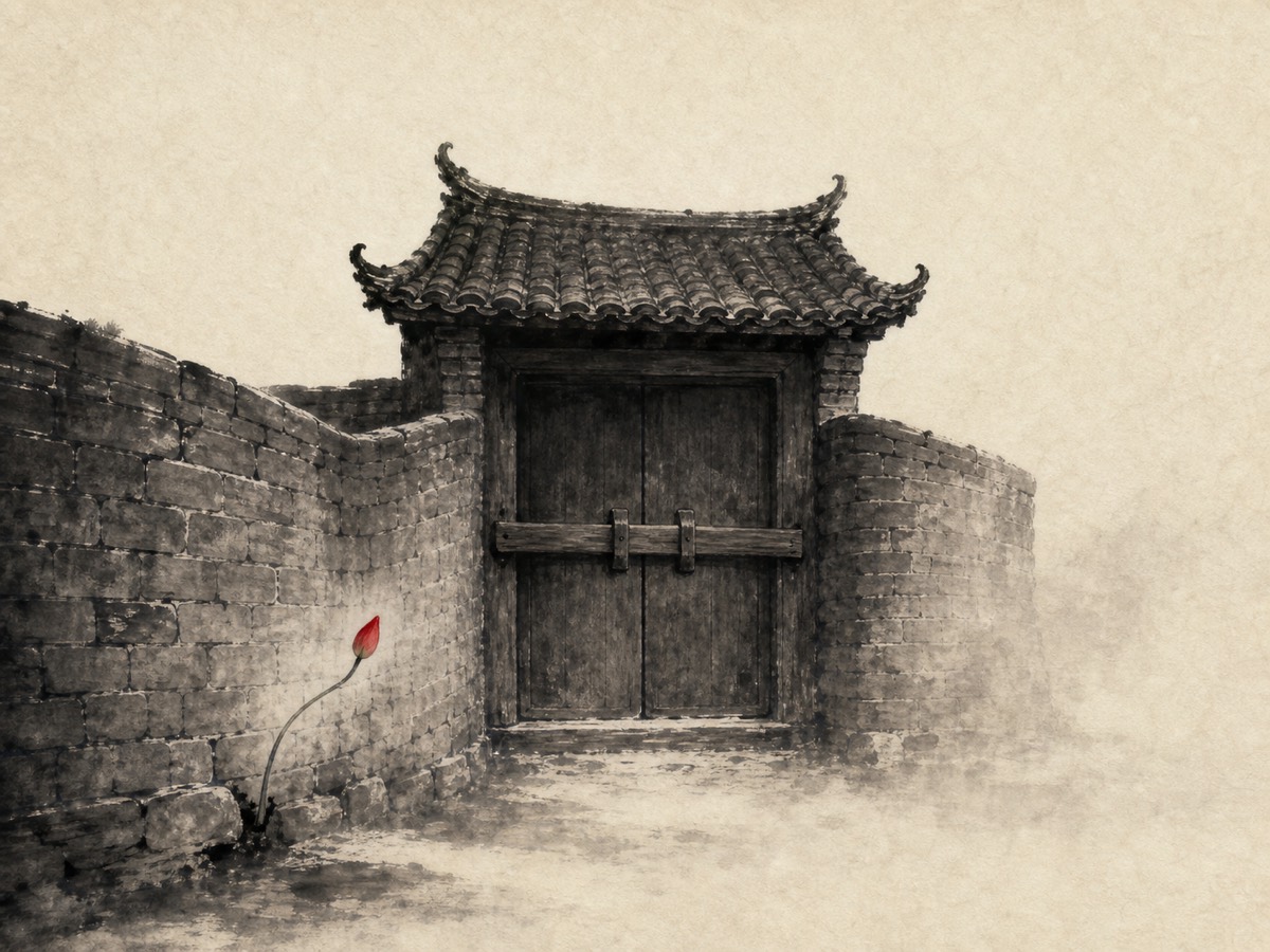 道德经第52章「见小曰明」水墨意象(AI 生成插图):一座起翘瓦檐的门楼稳踞画心,双扉紧闭、横闩自内贯缝,左右砖墙合抱围出可守的内里,满幅尽是「塞其兑,闭其门」的收束;唯左下墙根石缝里,柔曲之茎顶着全图仅有的一点朱砂新芽探出——门关得越严实,越反衬这一点「见小曰明,守柔曰强」的细微生机。