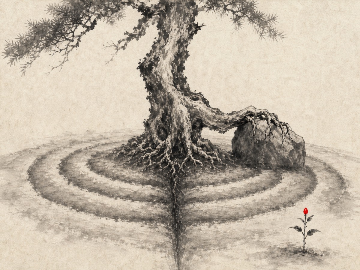 道德经第54章「善建者不拔」水墨意象(AI 生成插图):一株深根古木居中而立,主根如楔贯地、右根抱勾磐石,四重德环自树基由身而家、乡、国、天下层层荡开,环外更生一株顶着朱砂的幼苗接续香火——立得深、抱得牢,故子孙祭祀不辍。