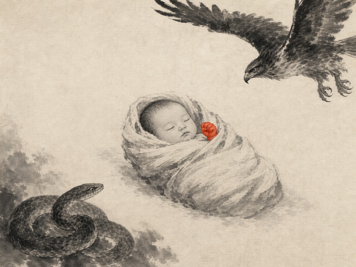 道德经第55章「含德之厚」水墨意象(AI 生成插图):赤子裹襁褓居于画心安卧,右上攫鸟掠顶不搏、左下虺蛇踞隅不螫,凶物成对角环伺却皆敛其势,唯婴儿探出的握固小拳以全图仅有的一点朱砂定住画眼——至柔者居中,反令环伺之凶无从下口。