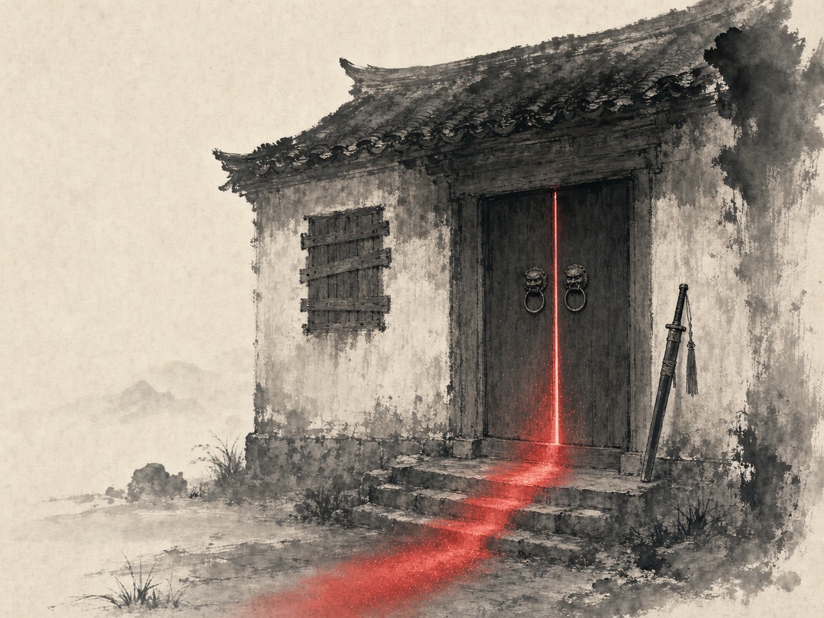 道德经第56章「知者不言」水墨意象(AI 生成插图):正中一座屋宇塞窗闭门,一柄入鞘缚缨的剑倚在门右,门缝里唯一一线朱光泻向阶前、四下浮尘平落——塞兑、闭门、挫锐、和光同尘,尽收于一处「知者不言」的沉静。