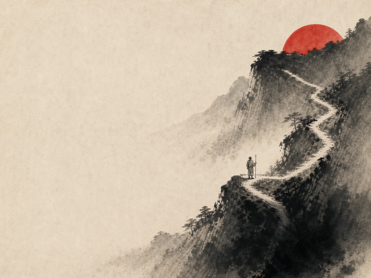 道德经第58章「祸福相倚」水墨意象(AI 生成插图):木刻白描,全幅仅右上落一点朱砂:之字山路自右下浓墨洼地伏出、急弯折返攀向垭口,拄杖行人正驻足弯心,抬头望见倚在暗岭背后、只露上半的半轮红日——低处伏祸、高处倚福,人恰立在祸福折返的这一个急弯之上。