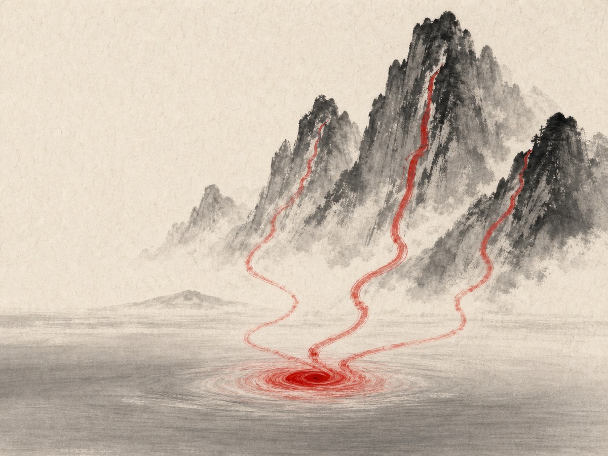 道德经第61章「大者宜为下」水墨意象(AI 生成插图):群峰高列于上、三流曲折下汇,广阔静水低伏于前并聚为一枚朱砂涡眼——在「高与低、多与一、刚与静」的上下对峙里,最大的水恰居最下、静静受纳众流。