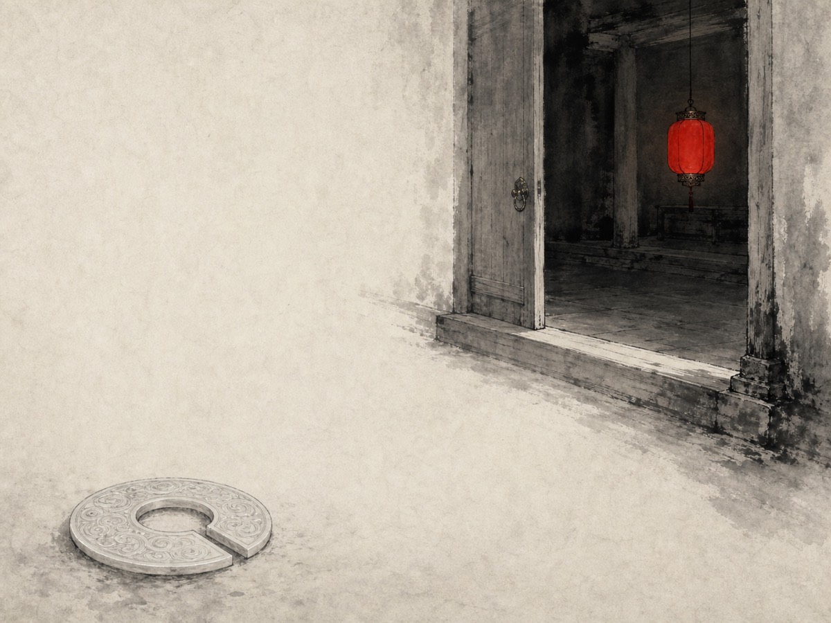 道德经第62章「万物之奥」水墨意象(AI 生成插图):自左下无彩、搁地的拱璧(外·低·物)沿对角线望向右上门内的朱砂灯火(内·高·道),中间大片留白正是「不如坐进此道」的取舍距离——最重之礼在门外被搁下,真正的庇所与所保之宝在敞开的深室里静静亮着。