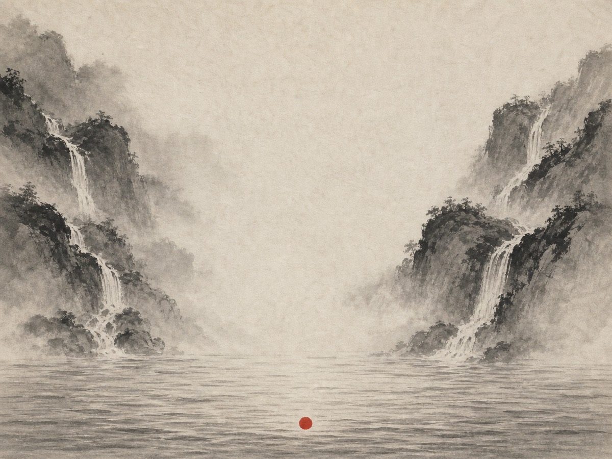 道德经第66章「善下之」水墨意象(AI 生成插图):两侧高地的溪水自上奔泻、分入下方那片居全幅最低的宽阔江海,静水正中一点朱砂寂然不动——高者纷纷就下,最低处反成百谷所归之王。