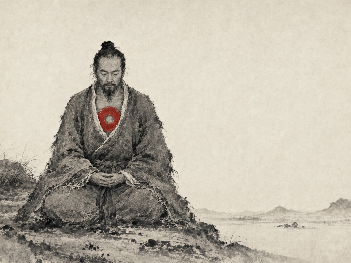 道德经第70章「被褐怀玉」水墨意象(AI 生成插图):布衣独坐于压低的地平之上、居画左中,头(圆)—敞领朱玉(当胸唯一彩点)—拱手束带自上而下串成一条垂直中轴,右侧大片空谷留白与之相衡——外裹粗褐、内怀真玉,虽无人相知而端然自守。