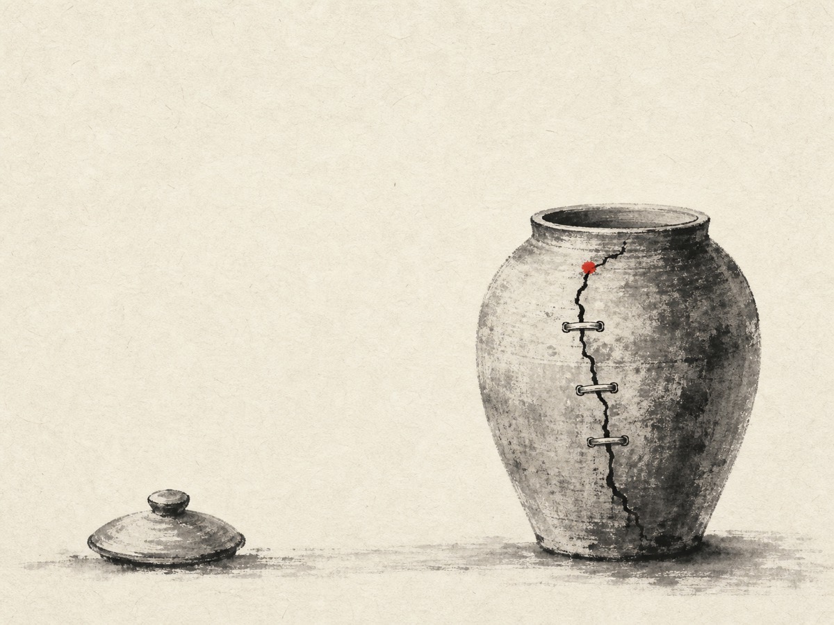 道德经第71章「知不知」水墨意象(AI 生成插图):低地平线上,一只敞口去盖的陶罐立于右三分线,揭下的带钮之盖搁在左下地上,与右上那点唯一朱砂的病处连成一道对角;大片留白之中,视线被引向那道被正视、被锔补、而器身仍端立不倒的裂痕。