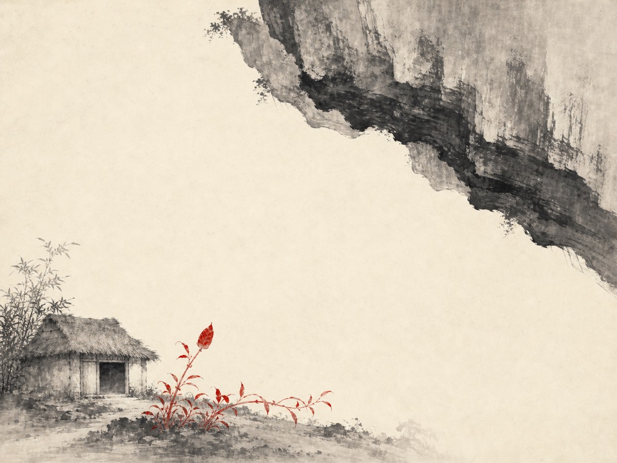 道德经第72章「自爱不自贵」水墨意象(AI 生成插图):巨岩自右上沉压、草庐与朱苞偏踞左下,二者之间空出大片纸色天光——上压而下守、其间余地宛然,正合「夫唯不厌,是以不厌……去彼取此」:松开挤压,给安身与生机各留一线活路。