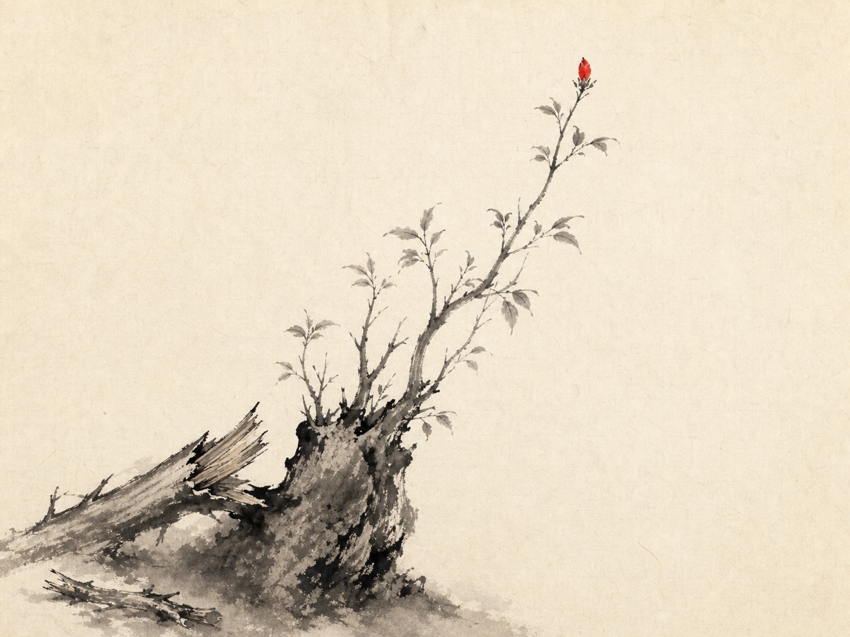 道德经第76章「柔弱处上」水墨意象(AI 生成插图):沿「左下树根—右上朱砂新芽」的对角线布局:一截粗硬老桩沉压画面下方、旁有断枝与落枝之死物,桩顶却抽出柔嫩新枝成冠、以最高处一点朱砂新芽居上——硬者处下、柔者处上,死之徒在下、生之徒在上,一株之间说尽本章。
