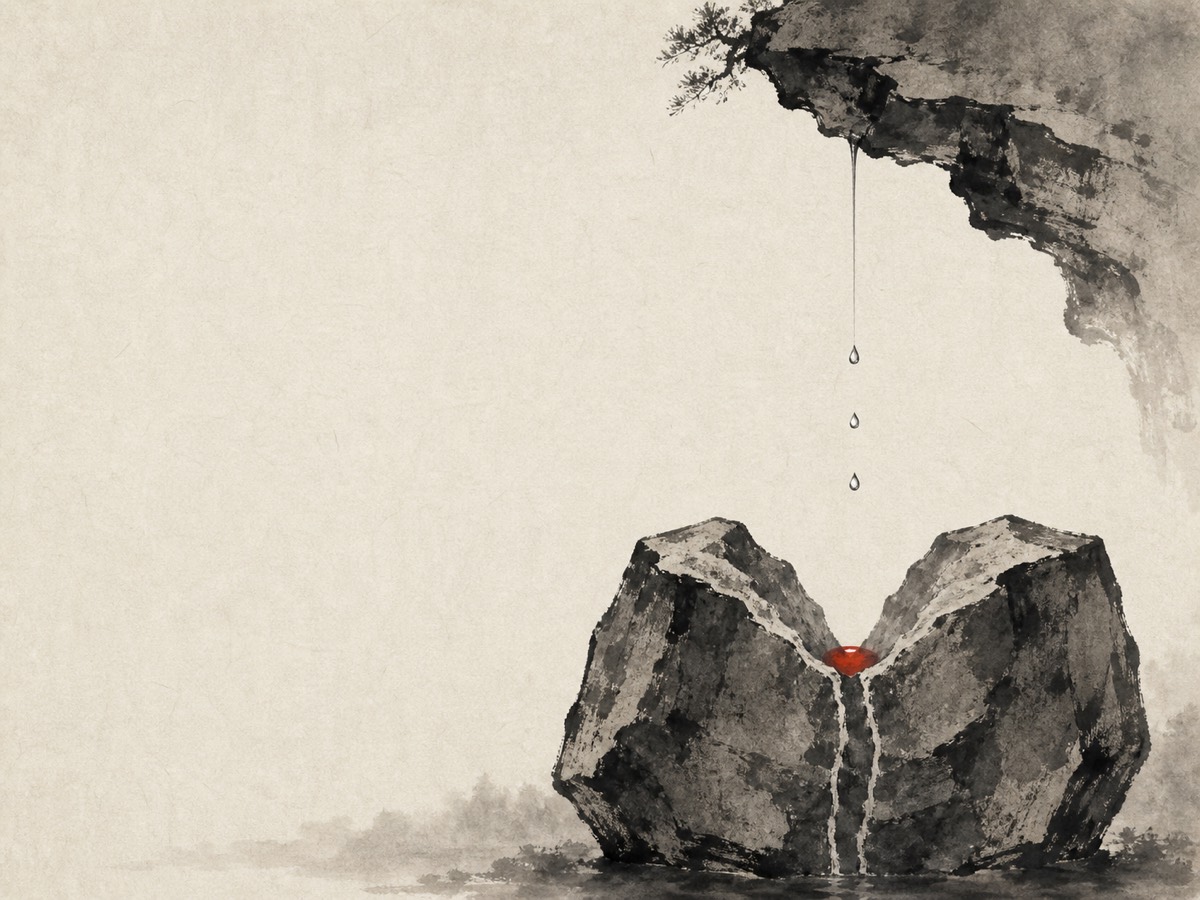 道德经第78章「正言若反」水墨意象(AI 生成插图):上方一片craggy悬岩垂下细软水线、断为坠珠,直落右下三分处那块广底硬石顶端被凿出的凹臼中,以「上柔下刚、高源低受」的上下关系叙事,唯一朱砂锚在水石相接、以柔破坚的凹臼低点,左侧与上方大片纸色留白。