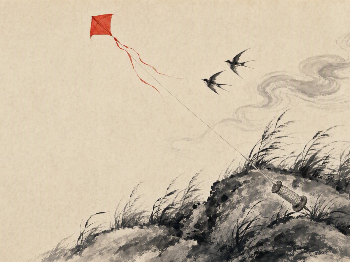 纵鸢(水墨):朱红纸鸢高在天上,一线自鸢斜下、绷紧微弯,缠定在坡石间半悬的线轴上;双燕与风纹同行,坡草伏向风来的方向。