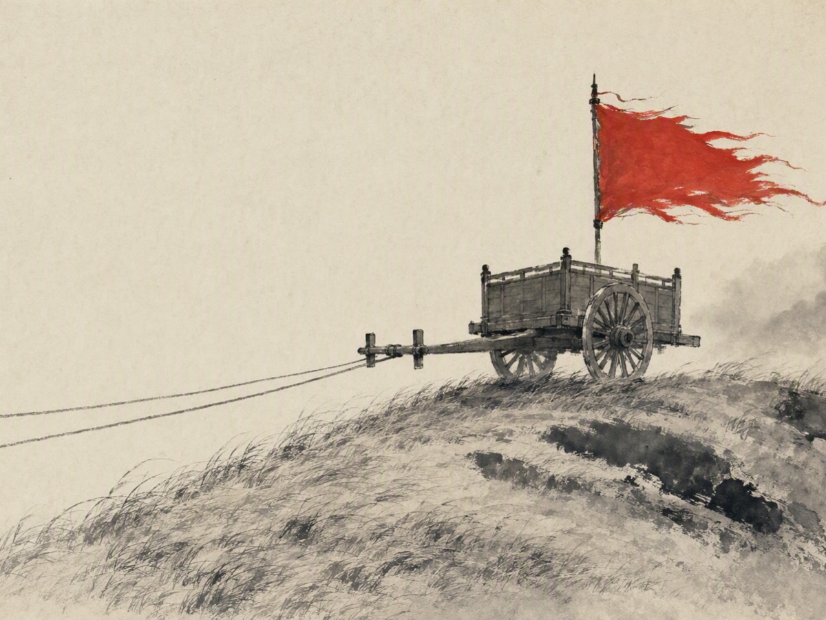 执辔(水墨):坡顶车辕斜置,双缰自辕绷直伸出画外、微微离地;辕上一面朱红令旗迎风满张,坡草伏向一侧。