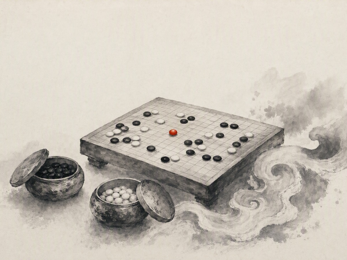 执两(水墨):棋枰上黑白已布,枰侧两只棋盒开着盖——一盛黑、一盛白;枰心落一枚朱红棋子,云纹一卷掠过枰角。