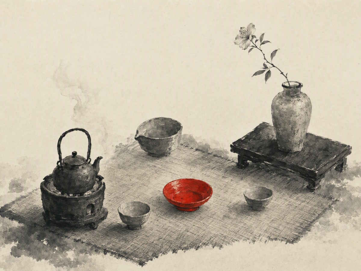 设席(水墨):席面上小炉温着提梁壶,盏各归位;席心一只朱漆空盏,案头瓶里插着一枝花。