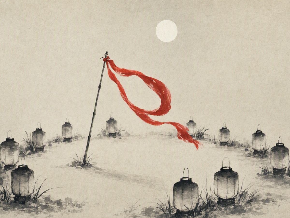 舞绸(水墨):场心一竿斜立,竿头系着朱红长绸,迎风卷成一个回环;上方一轮留白的月,场沿有灯笼剪影。