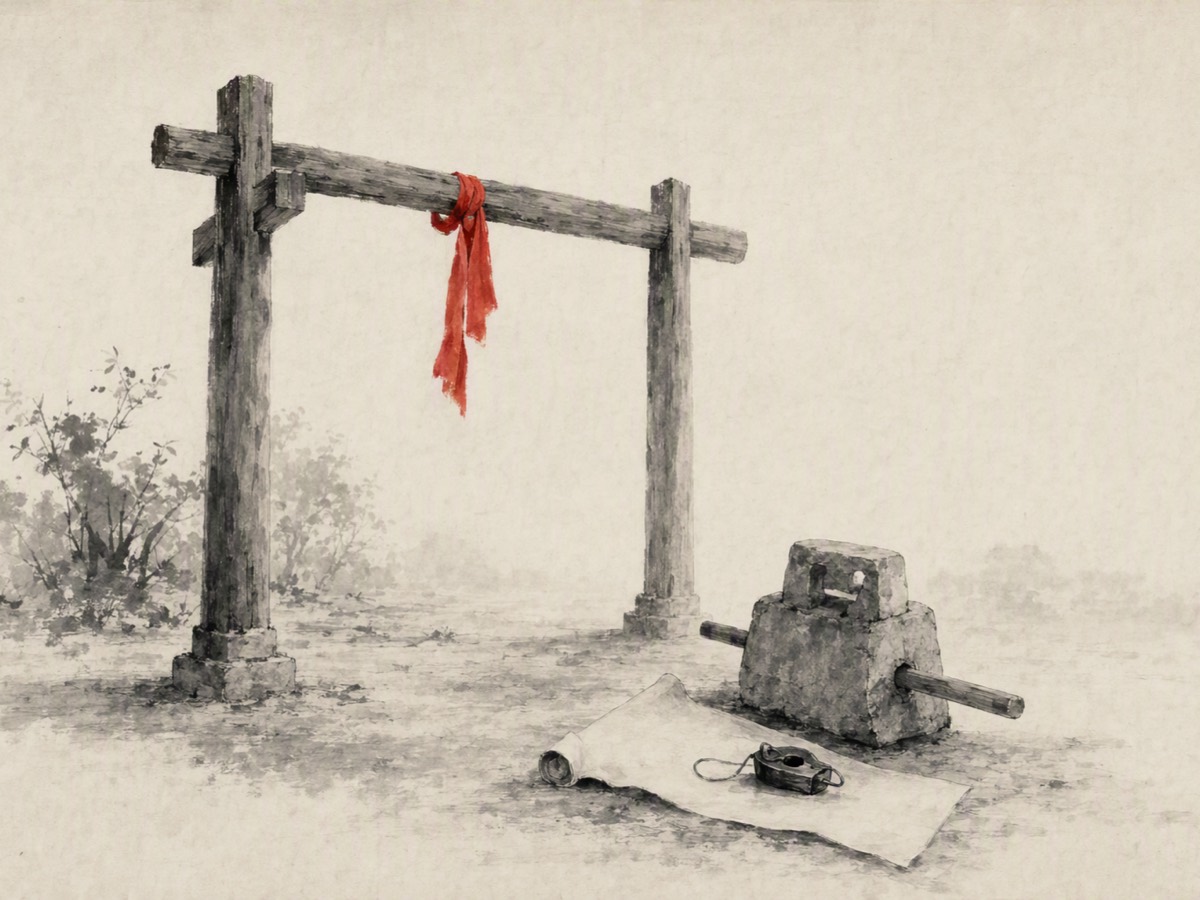 上梁(水墨):两柱一梁的屋架初成,梁上系一段朱红绸;石夯搁在地上,旁边半卷图纸压着墨斗。