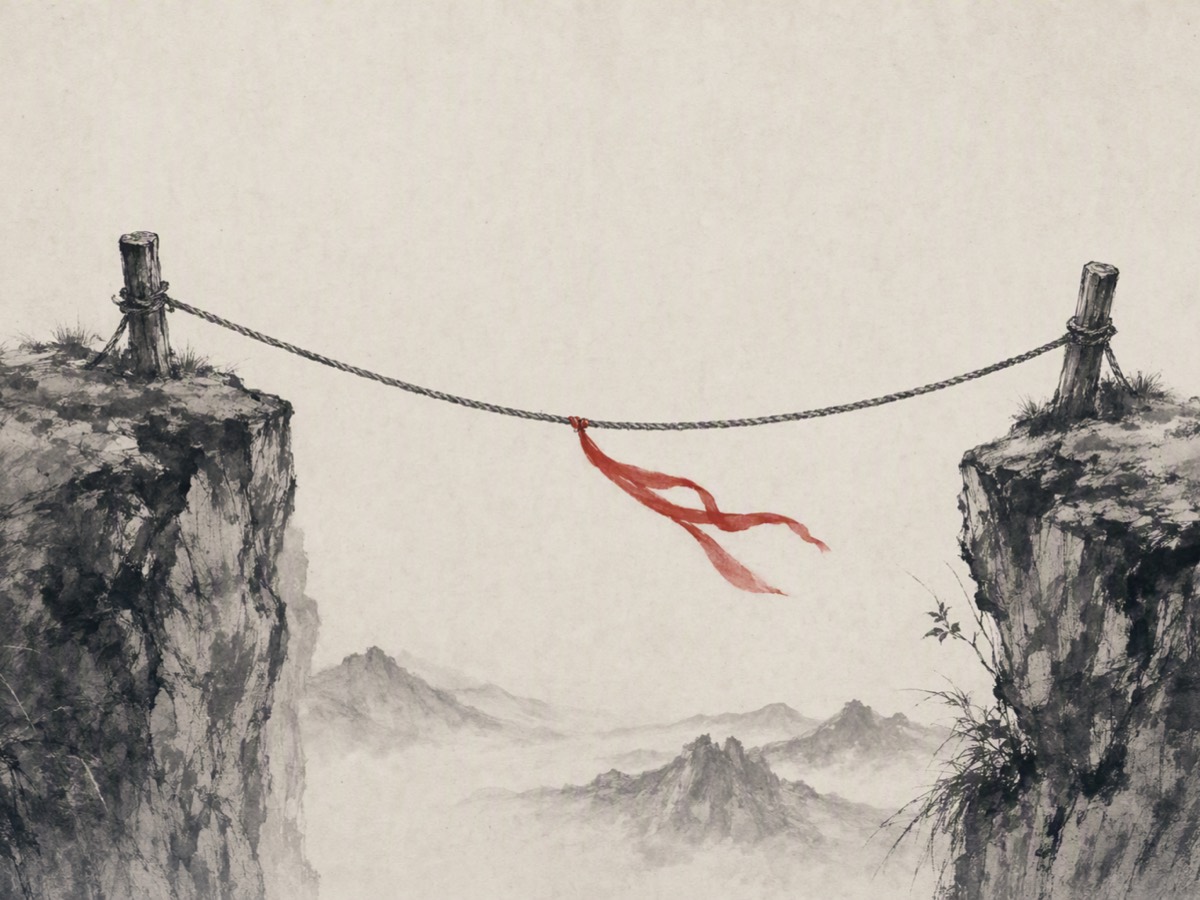 踏索(水墨):一索横贯谷上、微微下弛,两端拴在崖沿的木桩上;索中系一截朱红绦带迎风扬起,两侧崖口近大,谷底远山小而远。
