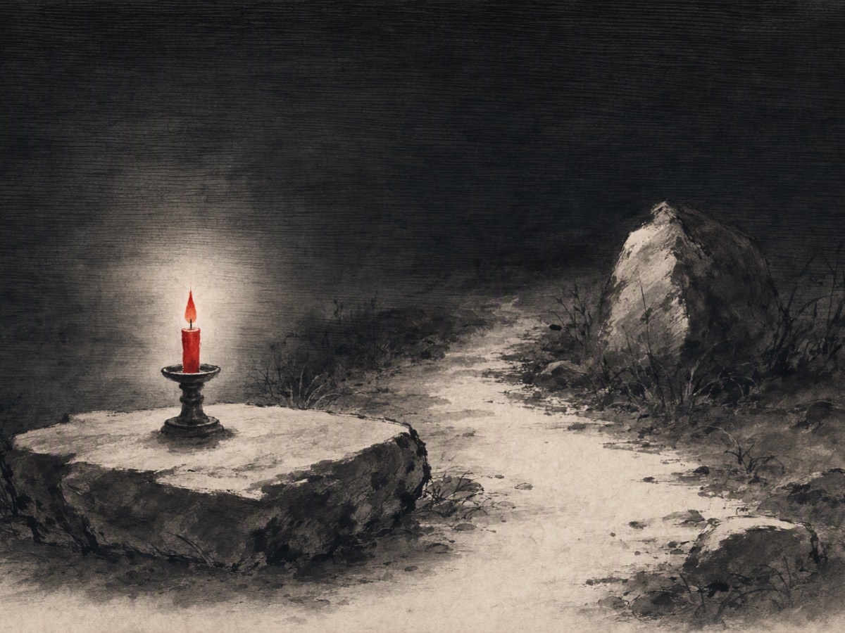 秉烛(水墨):密排线的夜色里,小径起点一方平石上置着烛台,朱红烛焰圈出一小片亮;路旁一石半明半暗。