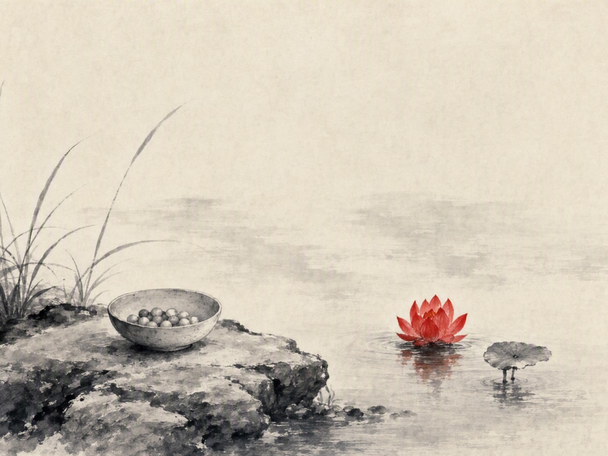 种莲(水墨):水畔岸石上一只浅钵盛着莲子;静水之上一朵朱红初荷破水而开,旁有一叶小荷。