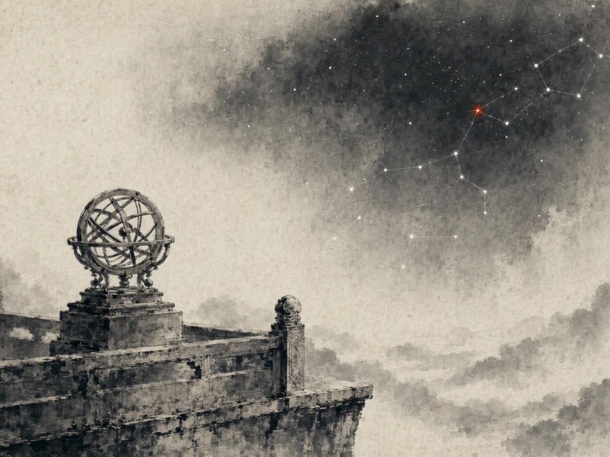 观星(水墨):高台石栏一角置着浑天仪,夜空星点以细线连成图,图中一颗为朱红主星;台上无人。