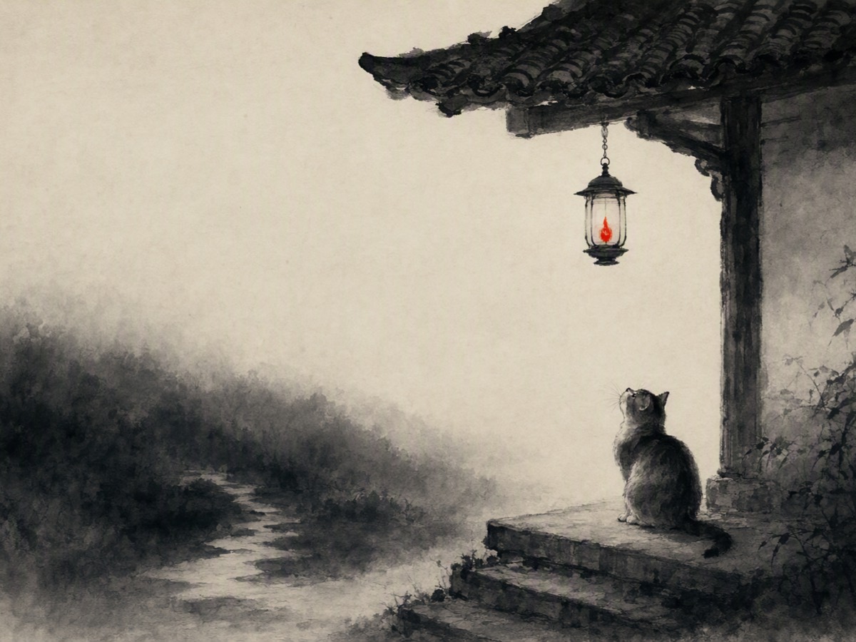 持灯(水墨):屋檐一角挂着一盏灯,朱红灯心;阶前小径没入夜色,檐下一只小猫端坐仰头看灯。