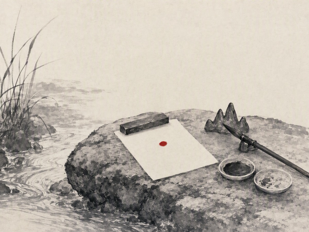 点朱(水墨):溪畔石面上镇纸压着一张无字小笺,笺上只落一点朱红;笔搁在笔山上、笔尖朝笺,旁置两枚颜碟。