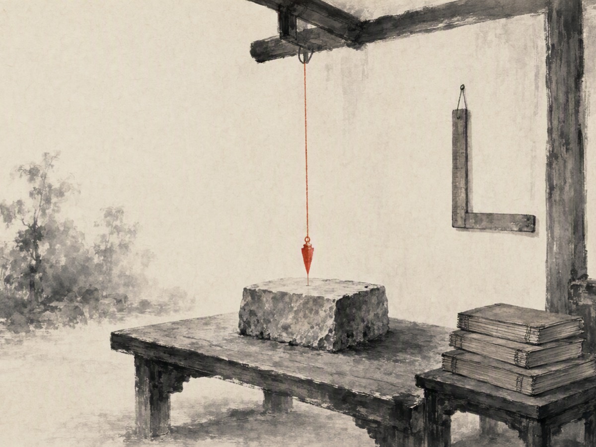准绳(水墨):梁钩垂下一条准绳,朱红线坠正对案上待校的基石;壁上挂着矩尺,案边简册三叠。